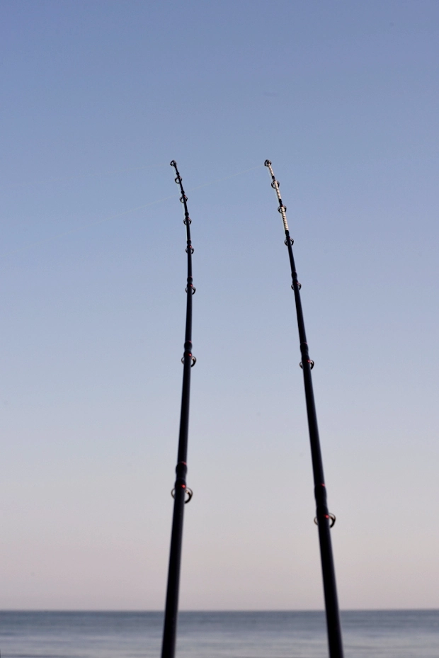 Dwie wędki plażowe na tle Bałtyku