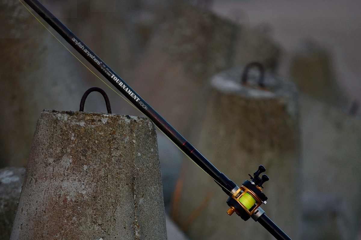 Wędka z kołowrotkiem na plaży w śród bloków betonowych gwiazd