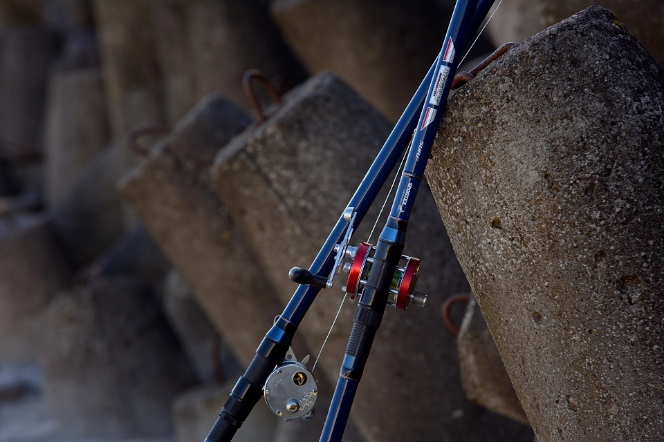 dwie wędki na tle betonowych umocnień