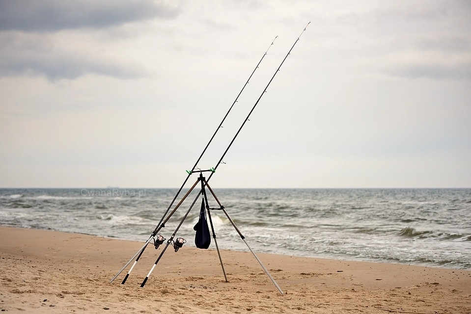Wędki do wędkarstwa morskiego na tripodzie stojące na plaży