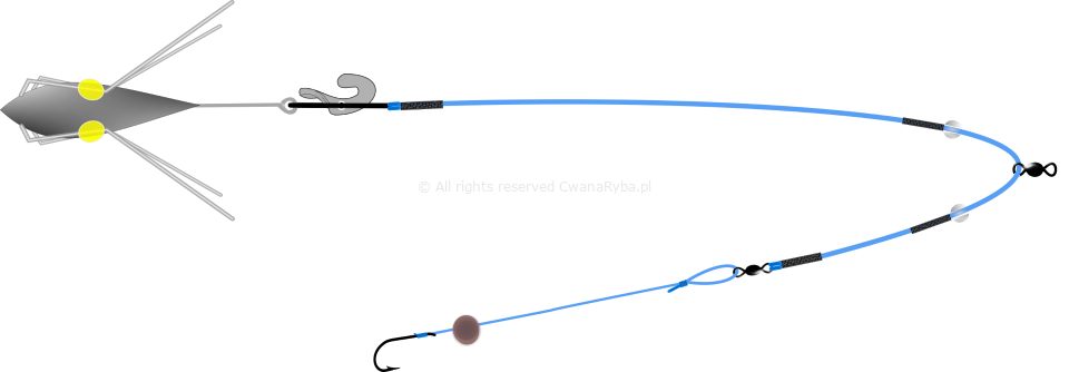 Schemat pływającego zestawu do surfcastingu Short Clip Up B